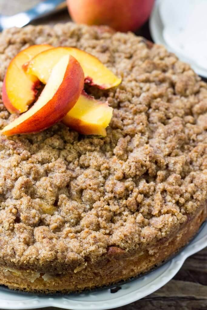 This peach coffee cake is deliciously moist with the perfect sponge cake texture. Then there's a layer of juicy peaches and cinnamon brown sugar streusel topping. 