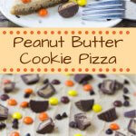 This Peanut Butter Cookie Pizza starts with one BIG peanut butter cookie. Then it's topped with creamy peanut butter frosting & all your favorite peanut butter candies. It's the perfect dessert for true peanut butter lovers,