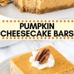 These pumpkin cheesecake bars are smooth, creamy & perfect for fall. With a cinnamon-infused graham cracker crust, pumpkin spice cheesecake layer, and dollop of whipped cream on top - they're seriously delicious. #pumpkincheesecake #cheesecakebars #cheesecake #pumpkin #pumpkinspice #bars #easy #thanksgiving #fall