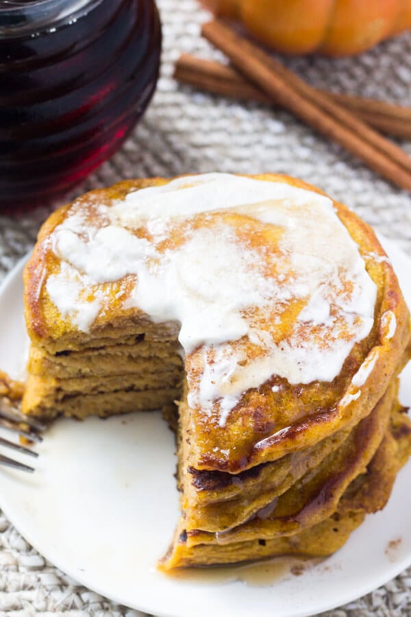 If you're looking for the perfect fall breakfast - look no further. These fluffy pumpkin pancakes are filled with cinnamon, vanilla, a hint of brown sugar, and of course - lots of pumpkin. 