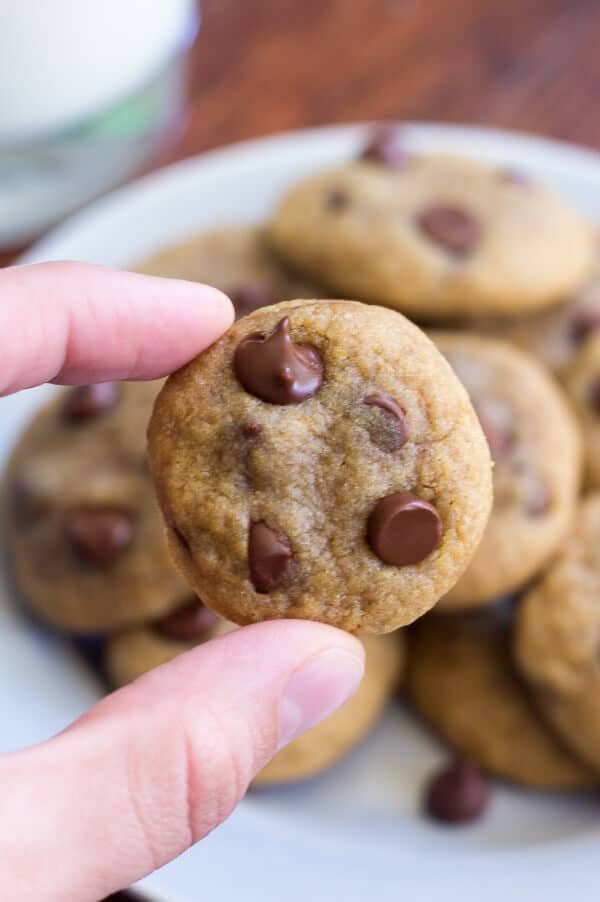 Soft, chewy, completely adorable Mini Chocolate Chip Cookies. These easy mini chocolate chip cookie bites are so easy to make and perfect for little hands.