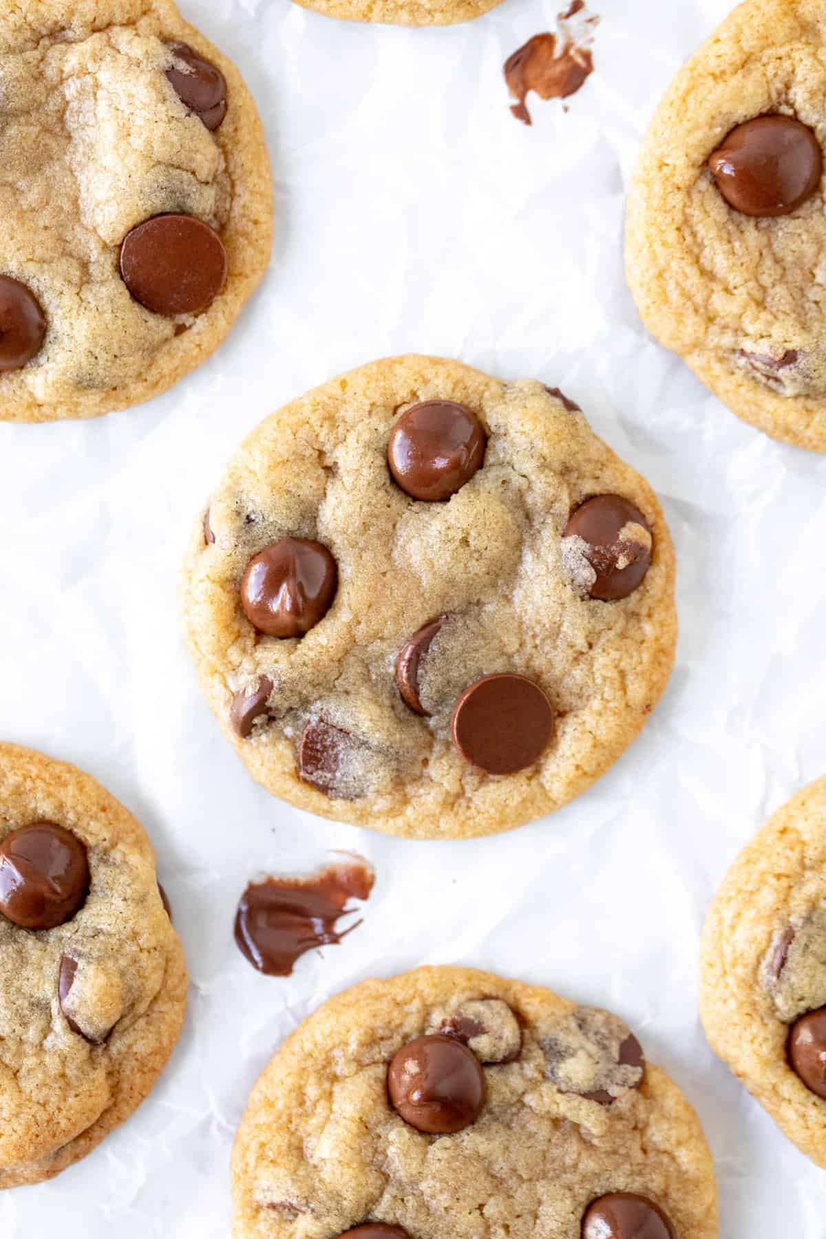 Mini chocolate chip cookies on baking paper