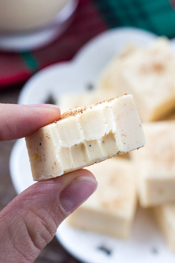 This eggnog fudge is smooth, creamy & tastes like Christmas. With a hint of nutmeg and creamy eggnog flavor - it makes the perfect gift too! 