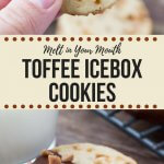Soft, buttery, melt-in-your mouth sugar cookies with golden edges. Filled with toffee pieces & dipped in chocolate - these toffee icebox cookies are just that incredible. #iceboxcookies #toffeecookies