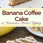 Instead of making banana bread - try this banana coffee cake. It's a deliciously moist banana cake filled with cinnamon, brown sugar and vanilla. Then it's topped with crunchy cinnamon struesel and a drizzle of vanilla glaze. #bananacake #coffeecake #bananacoffeecake #streusel
