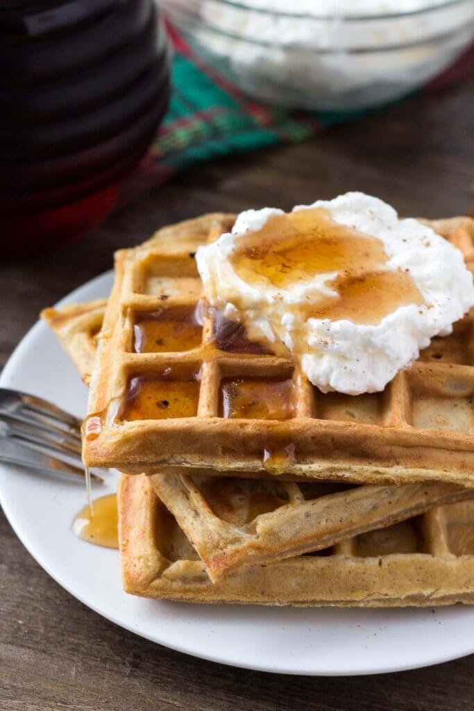 These fluffy eggnog waffles are the perfect breakfast for the holidays. They have soft centers, golden edges and a delicious hint of nutmeg. 