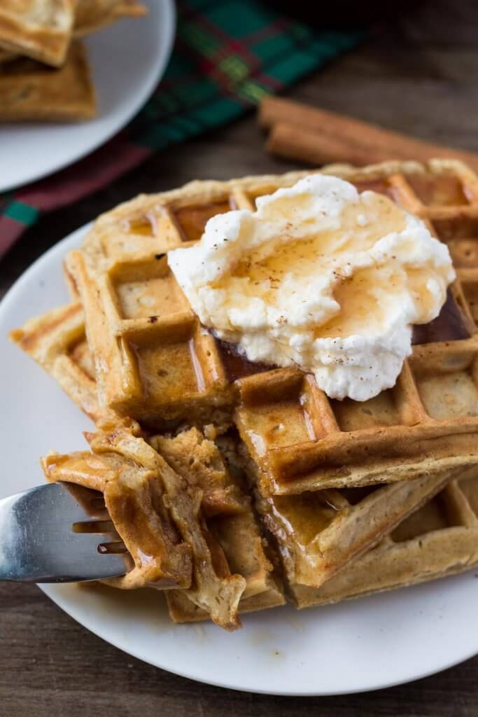 These fluffy eggnog waffles are the perfect breakfast for the holidays. They have soft centers, golden edges and a delicious hint of nutmeg. 