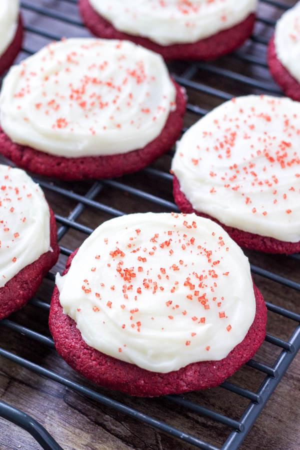 Red Velvet Cookies with Cream Cheese Frosting are perfect for Christmas or Valentine's Day. 