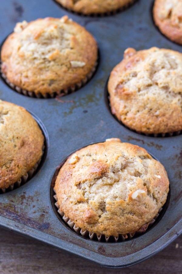 A tray of moist banana bread muffins fresh from the oven makes for the perfect breakfast. 