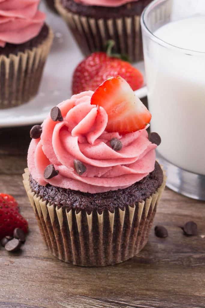 Chocolate cupcakes with strawberry frosting -perfect for Valentine's Day