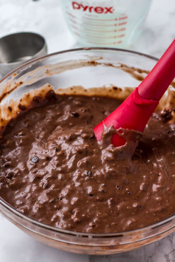 This chocolate pancake batter is filled with mini chocolate chips. 