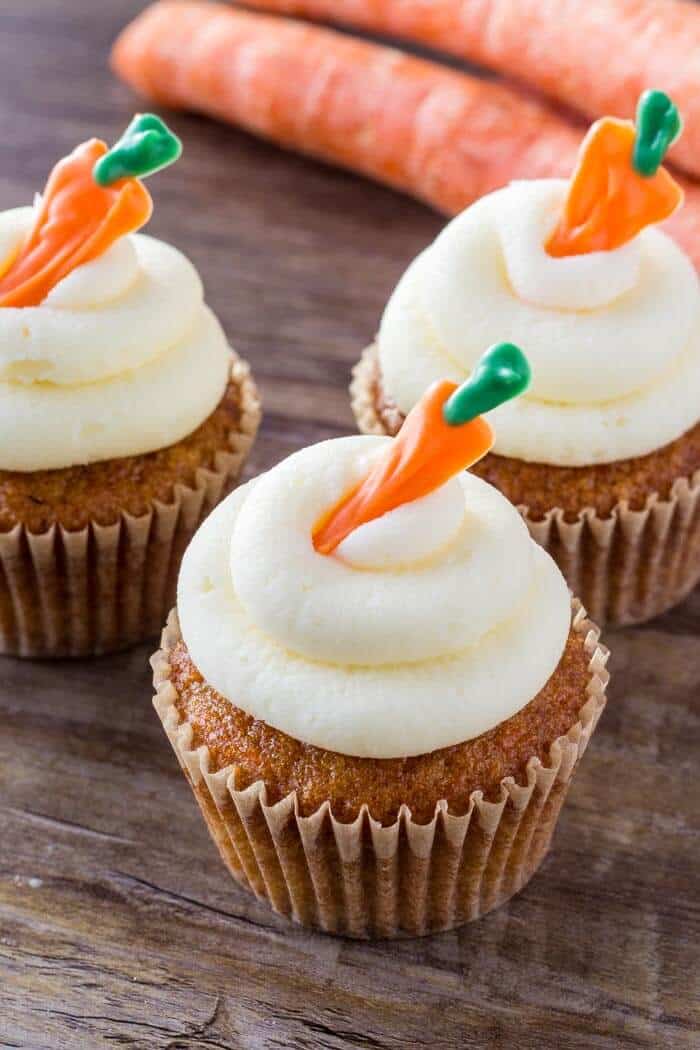 Moist carrot cake cupcakes topped with cream cheese frosting