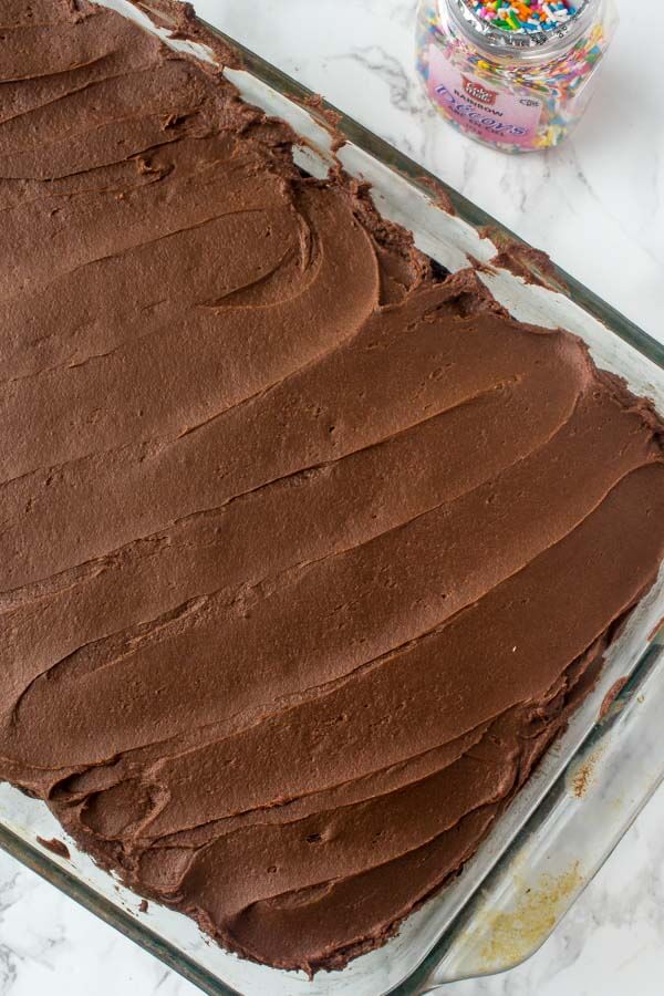 Chocolate sheet cake with chocolate frosting in a 9x13 inch pan. 