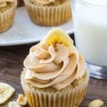 Peanut butter banana cupcakes - the perfect combo of sweet, mellow banana cupcakes and salty-sweet peanut butter buttercream