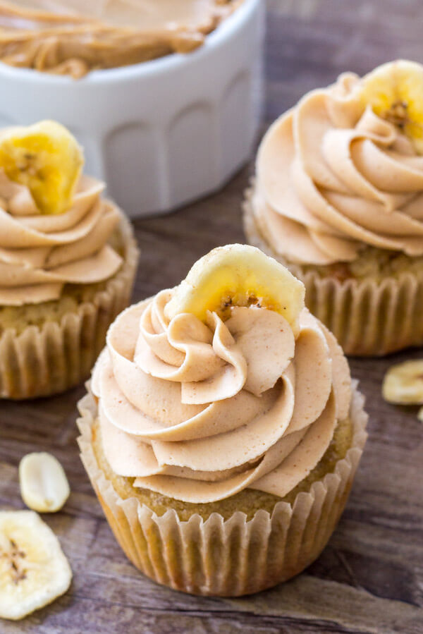 Peanut butter banana cupcakes start with moist banana cupcakes then they're topped with creamy peanut butter frosting