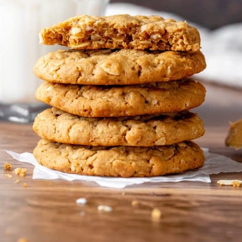 Peanut butter oatmeal cookies stacked on top of each other