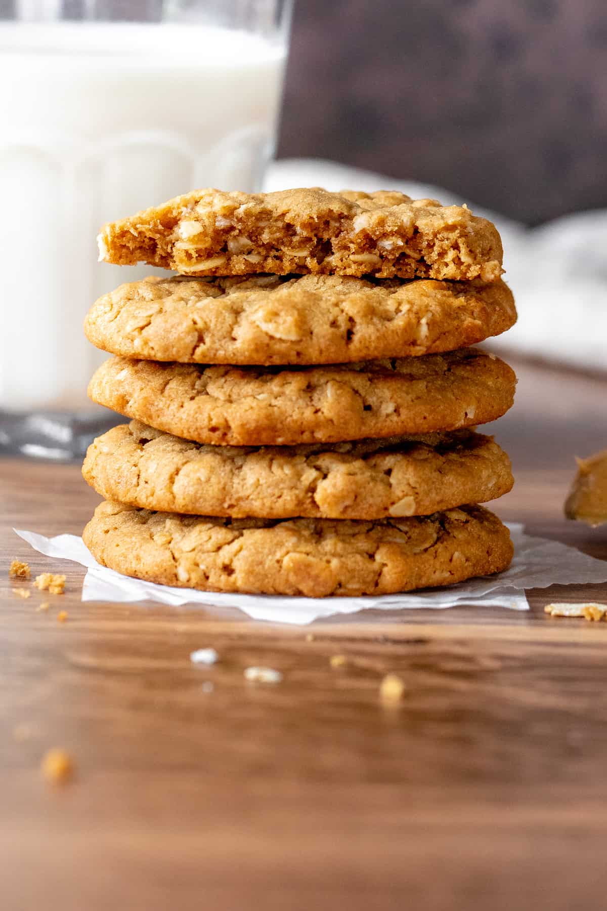 Peanut butter oatmeal cookies stacked on top of each other