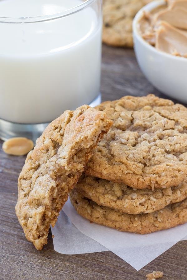 Peanut butter oatmeal cookies - soft, chewy & perfect with a glass of milk. 