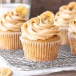 Banana peanut butter cupcakes on a cooling rack