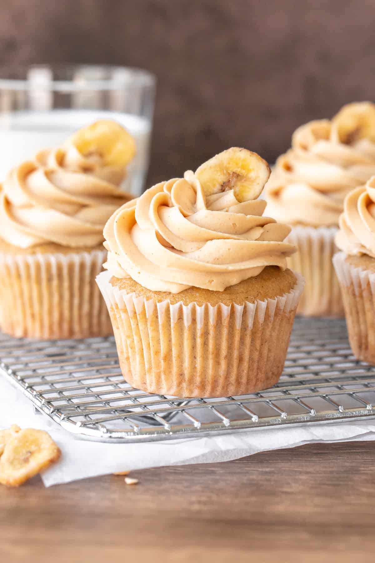 Banana peanut butter cupcakes on a cooling rack