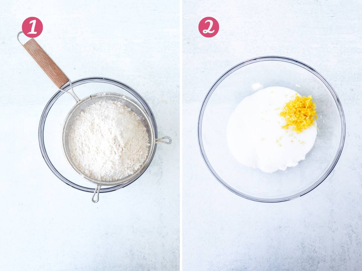 Sifting dry ingredients into a bowl and bowl of sugar and lemon zest