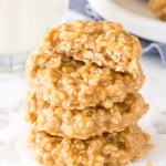 A stack of chewy no bake peanut butter oatmeal cookies.