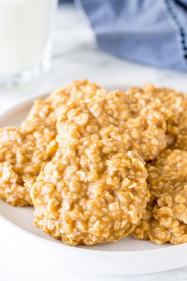 A plate of peanut butter oatmeal no-bake cookies. 