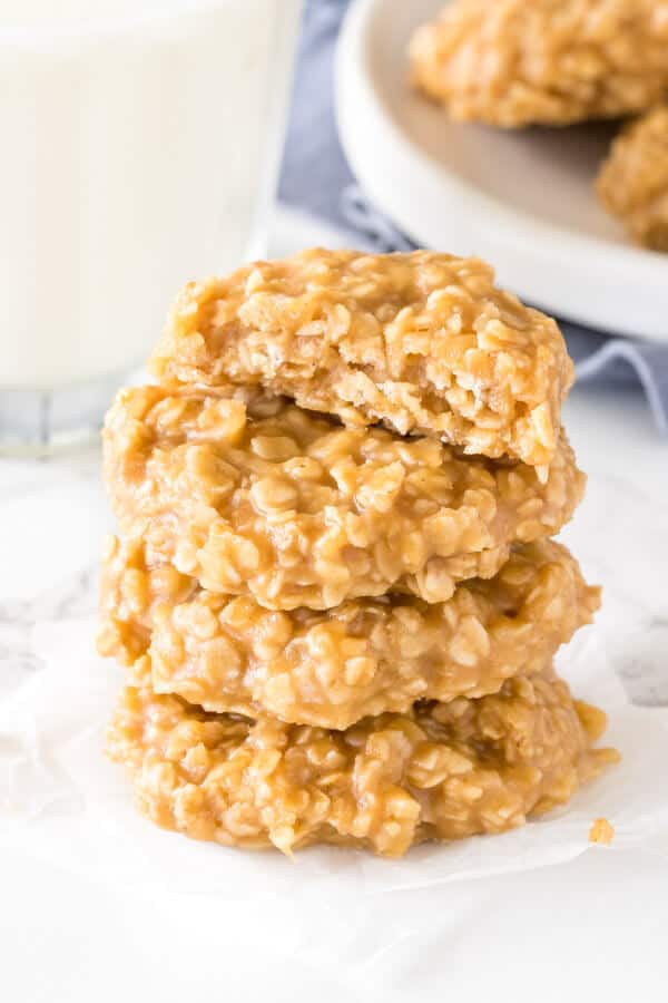 A stack of chewy no bake peanut butter oatmeal cookies. 