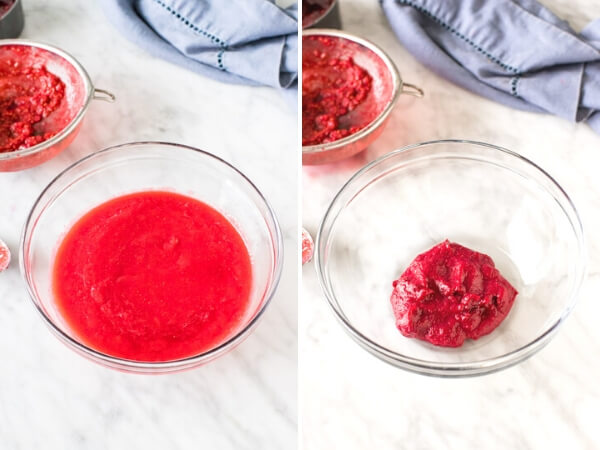 Raspberry puree before and after being reduced.