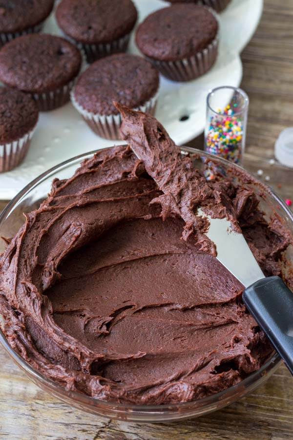 Fluffy chocolate frosting is the perfect topping for these mini chocolate cupcakes