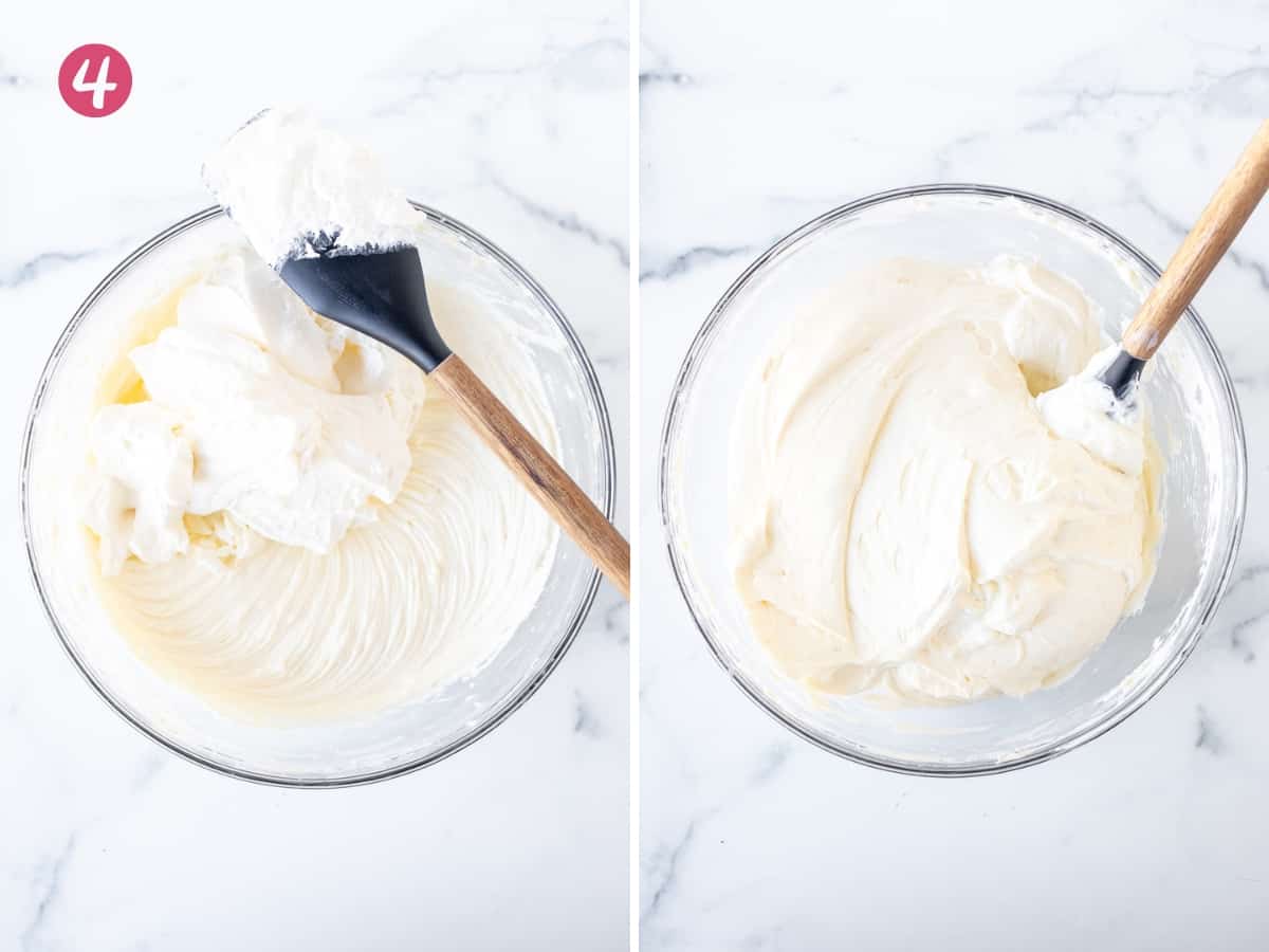 2 photos of folding whipped cream into cream cheese mixture