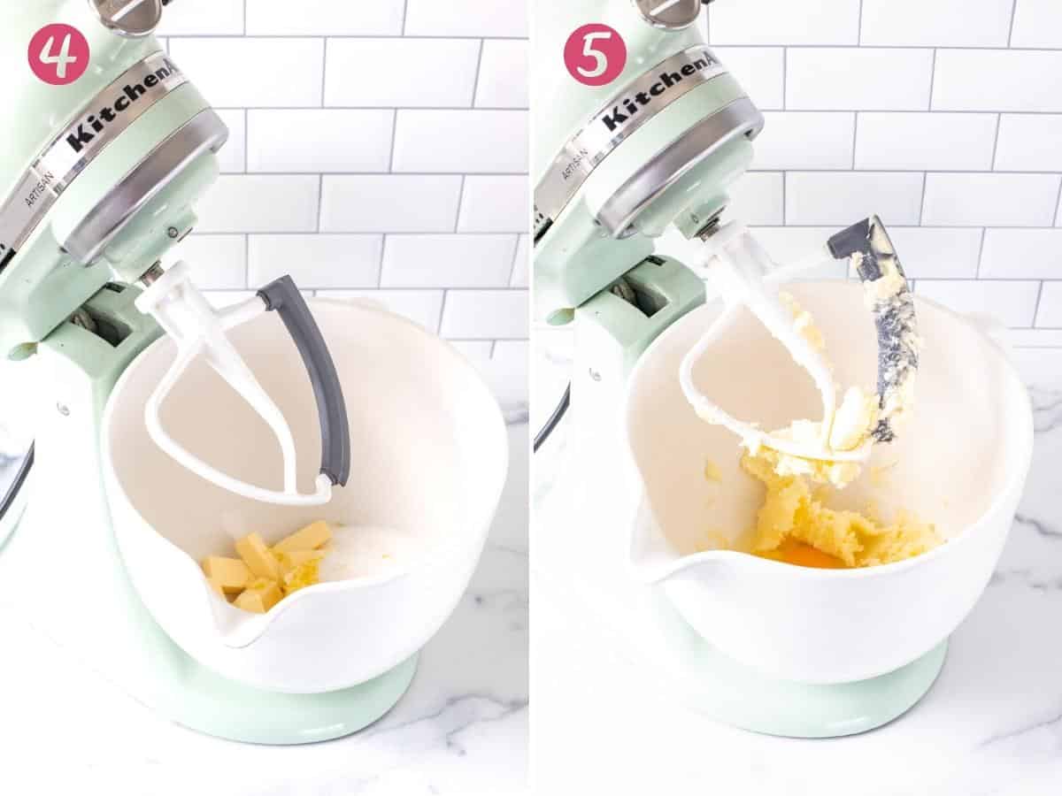 2 photos of mixing bowls with batter for muffins