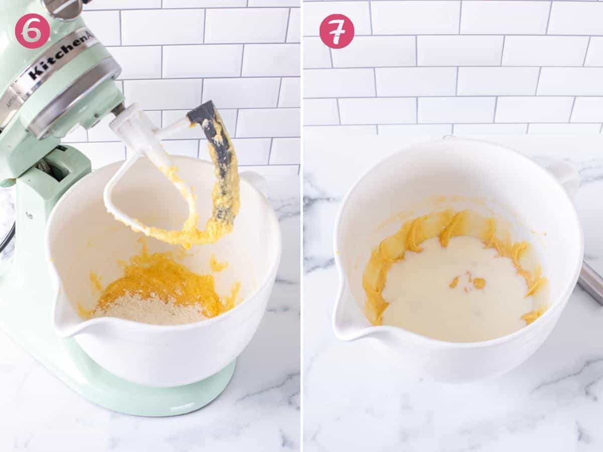 2 photos of making muffin batter