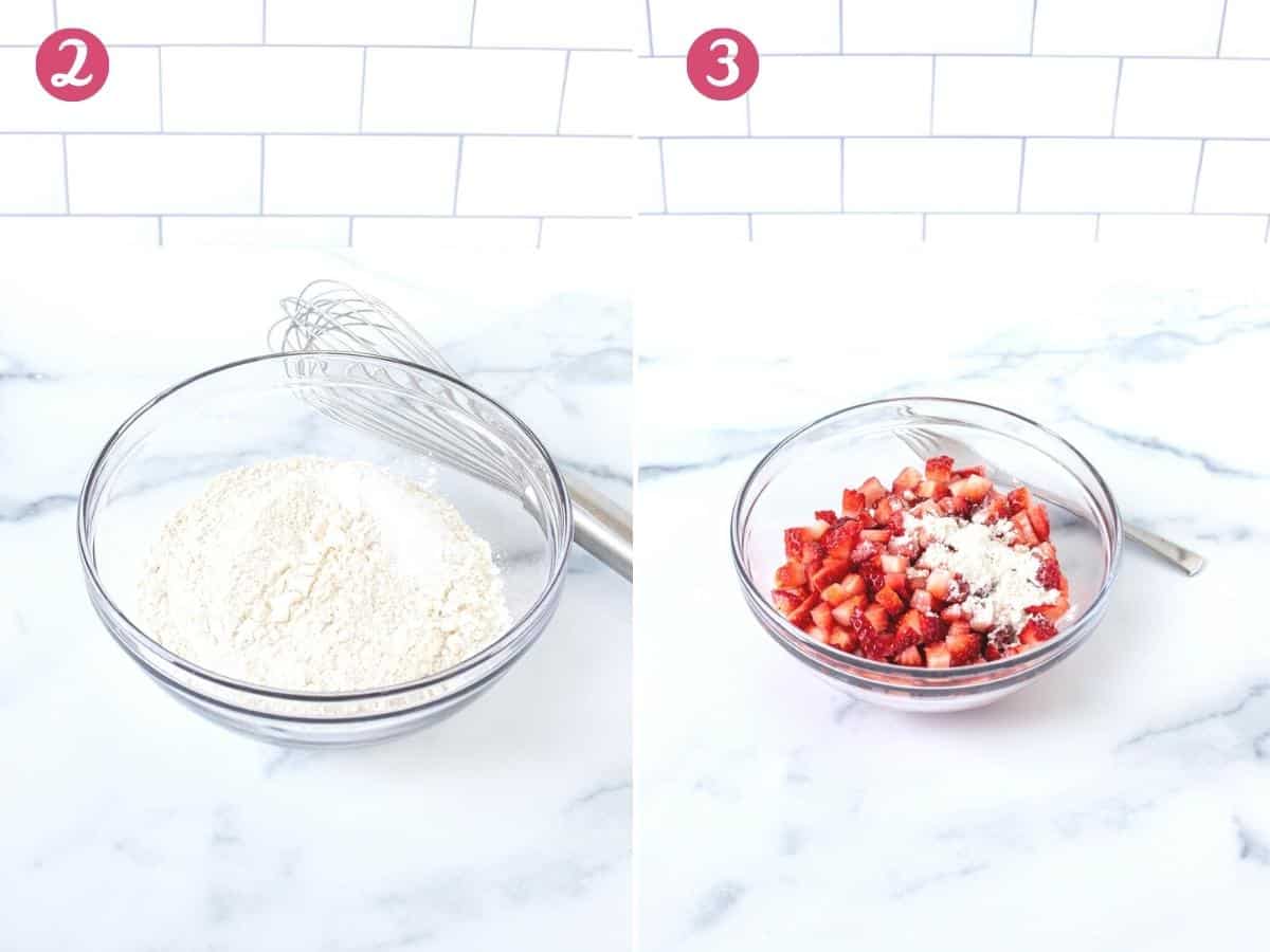2 photos of making strawberry muffins