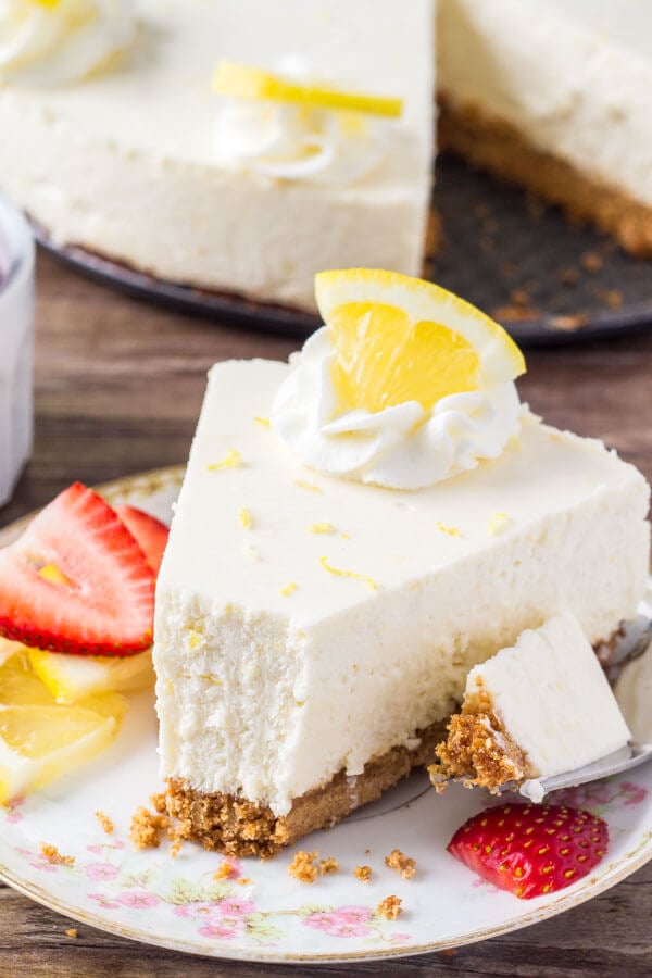 A slice of no bake lemon cheesecake makes for the perfect dessert