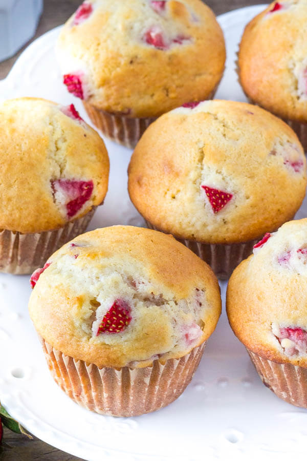 Moist strawberry muffins made with yogurt and fresh or frozen berries.