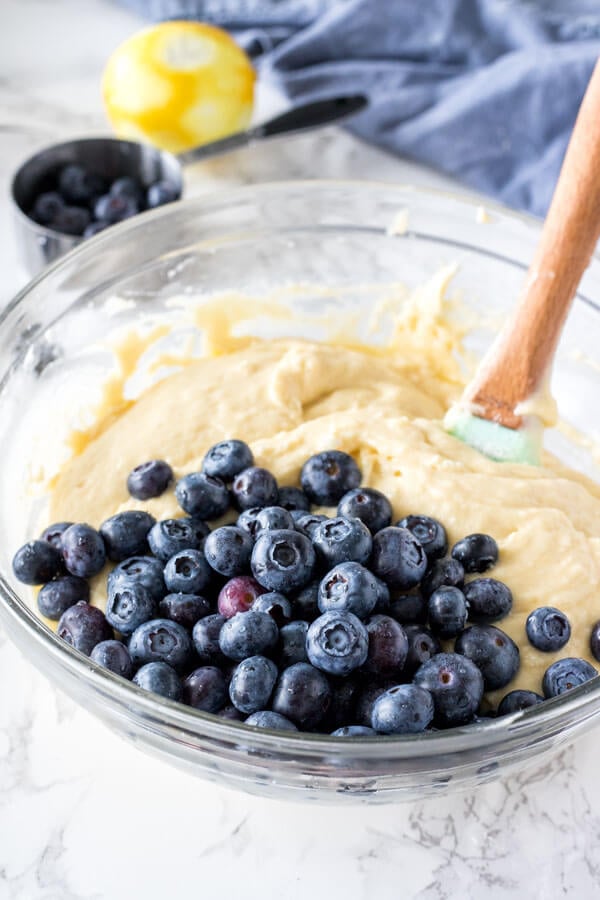 A bowl of blueberry bread batter, before the blueberries are folded into the batter to show the thick and slightly lumpy batter. 