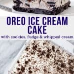 This homemade Oreo ice cream cake is delicious for summer. With a thick cookie crust, ice cream, chocolate fudge, & whipped cream - it's perfect for anyone who loves cookies and cream. #oreo #icecream #icecreamcake #recipe #cookiesandcream #nobake #summerdessert #homemade from Just So Tasty