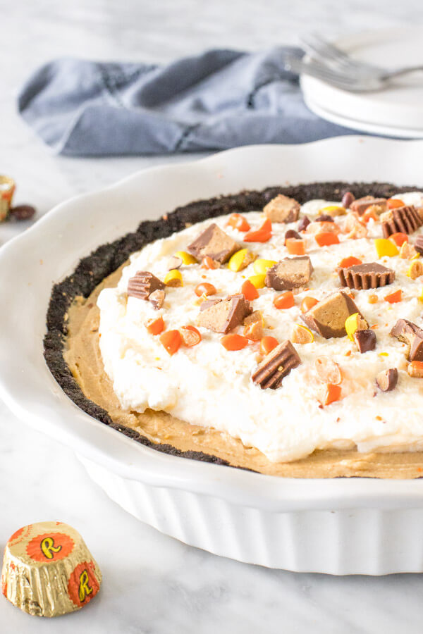 Peanut butter pie with whipped cream on top and peanut butter candies in a white pie plate. 