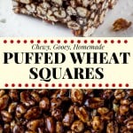 Puffed wheat squares are a classic, easy treat that always reminds me of childhood. They're chewy, gooey, full of chocolate, and you can whip up a batch of these no bake treats in no time.  #puffedwheat #puffedwheatsquares #puffedwheatcake #cerealtreats #chocolatecerealtreats #retro #recipes
