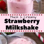 Learn ALL the secrets to making this super thick, extra creamy, strawberry milkshake. Made with real strawberries and vanilla ice cream - it's the perfect shake for a hot summer day. #strawberries #milkshake #shake #strawberrymilkshake #summer #recipes