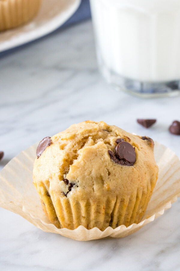 A fluffy, perfectly domed banana chocolate chip muffin. 