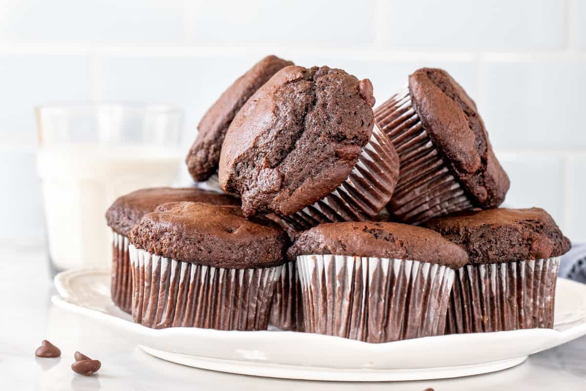 Plate of double chocolate muffins. 