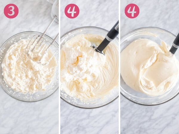 3 step by step photos of folding the whipped cream into cream cheese mixture.