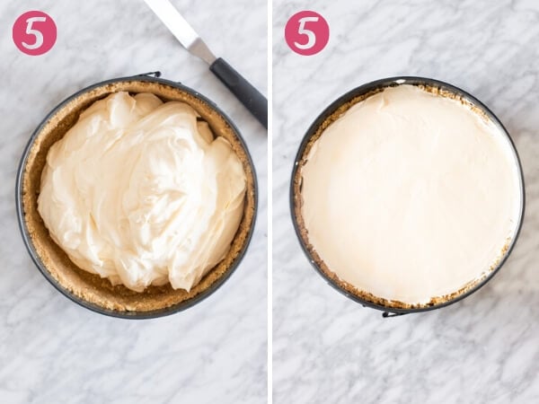 2 step photos of adding no-bake cheesecake filling to graham crumb crust. 