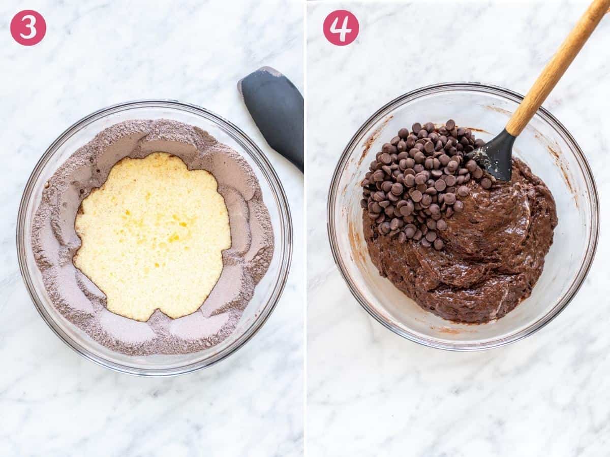 2 photos of chocolate muffin batter