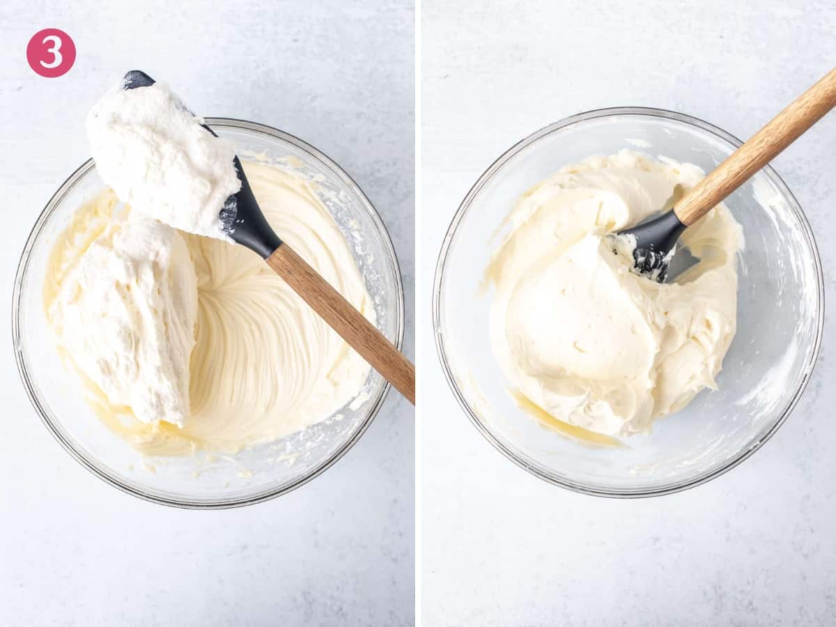 2 bowls - showing folding whipped cream into cream cheese mixture.