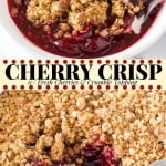 This easy cherry crisp is the perfect recipe to showcase sweet, juicy cherries. A layer of cherry pie filling is topped with a brown sugar, oatmeal crumble that's baked until golden brown. Serve with a scoop of vanilla ice cream for the perfect ending to any meal. #cherries #freshcherries #cherryseason #desserts #fruitcrisp #fruitcrumble #cherrycrumble #cherrycrisp