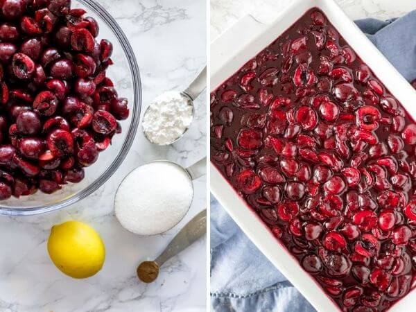 2 side by side photos showing how to make the cherry pie filling for cherry crisp. The photo on the left shows the ingredients, and the photo on the right shows the cherry mixture after it's been boiled down. 