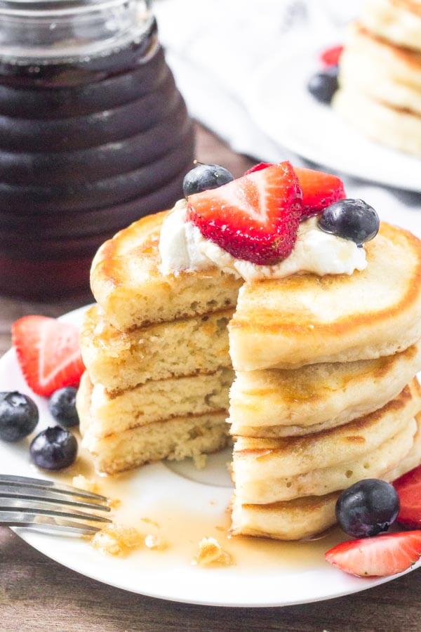 Adding a little cream cheese into your pancake batter makes for the fluffiest pancakes around.